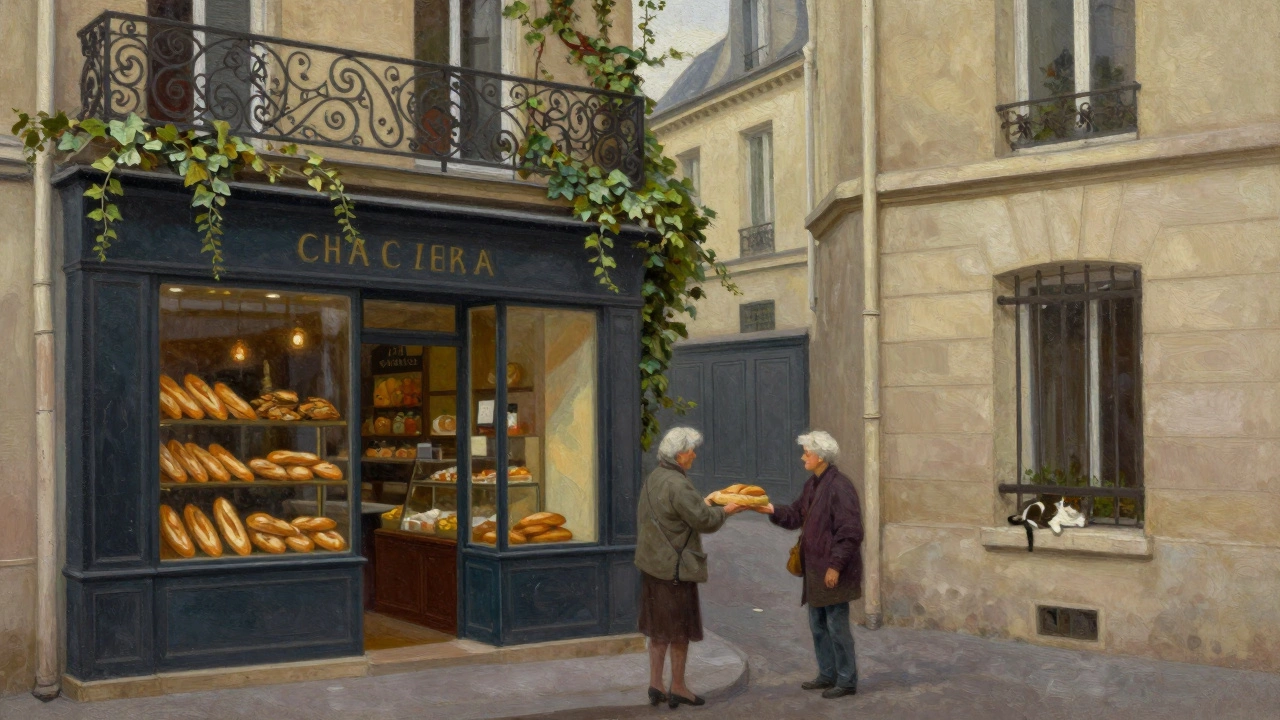A quiet Parisian street with ornate iron balconies and a boulangerie window displaying fresh bread, an elderly woman handing a loaf to a customer.