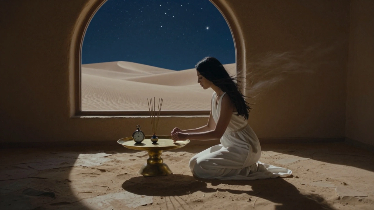 A woman in white kneels beside incense and a pocket watch in a desert villa, stars visible through arched windows.