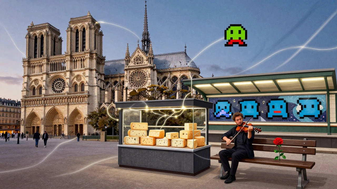 An artistic tapestry of Parisian icons—cathedral arches, street art, cheese, music, and a rose—woven together in soft glowing threads against twilight.