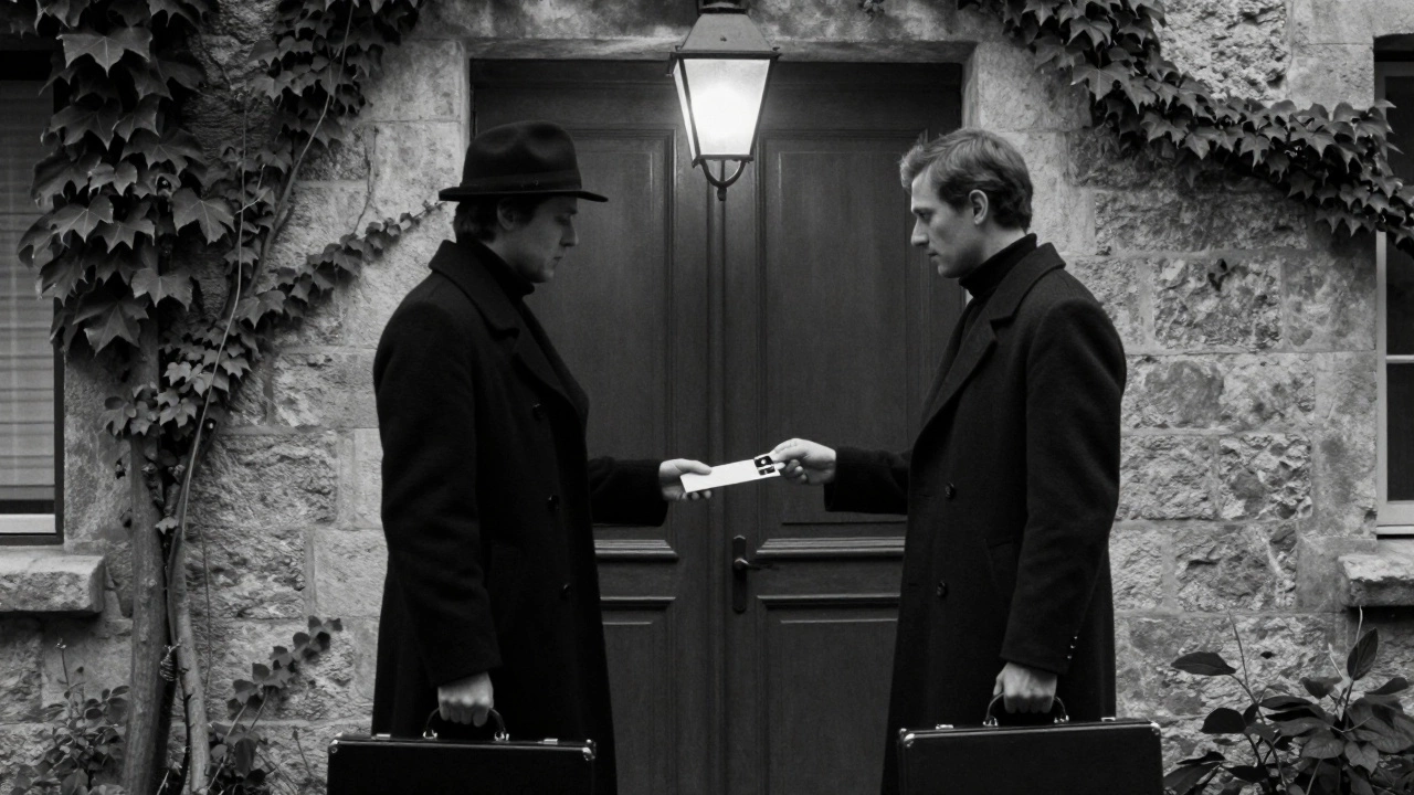 Two anonymous figures exchange a sealed envelope in a quiet courtyard, lantern light casting long shadows on ancient stone.